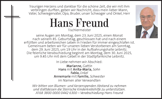 Traueranzeige von Hans Freund von Kleine Zeitung
