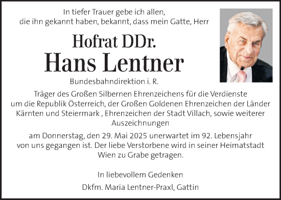 Traueranzeige von Hans Lentner von Kleine Zeitung
