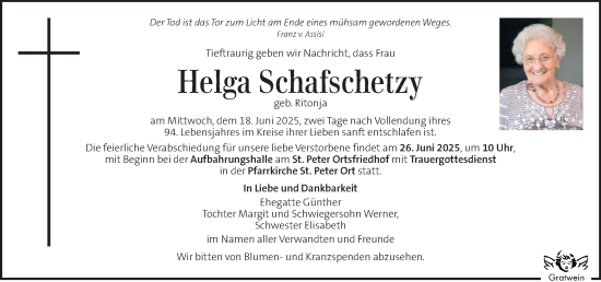 Traueranzeige von Helga Schafschetzy von Kleine Zeitung