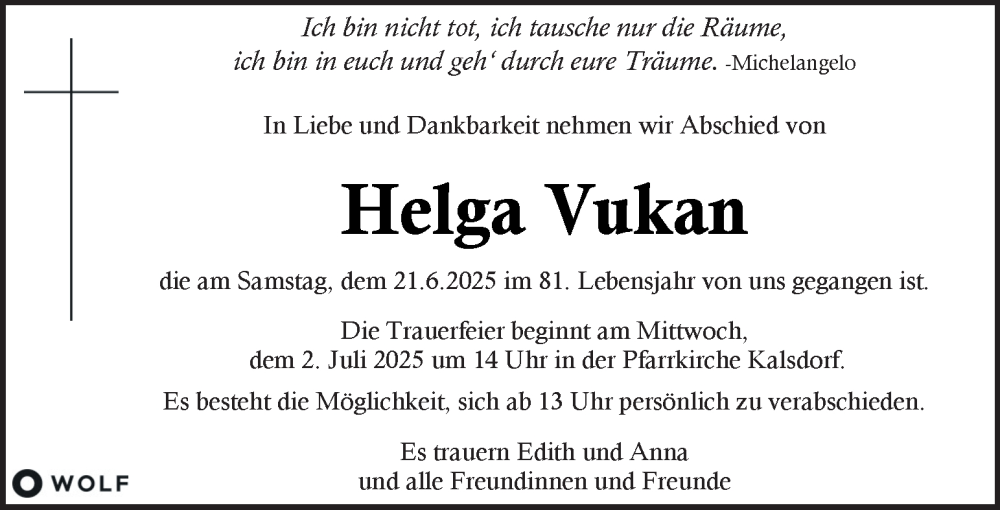  Traueranzeige für Helga Vukan vom 26.06.2025 aus Kleine Zeitung