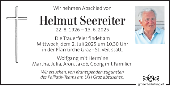 Traueranzeige von Helmut Seereiter von Kleine Zeitung