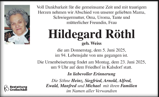 Traueranzeige von Hildegard Röthl von Kleine Zeitung
