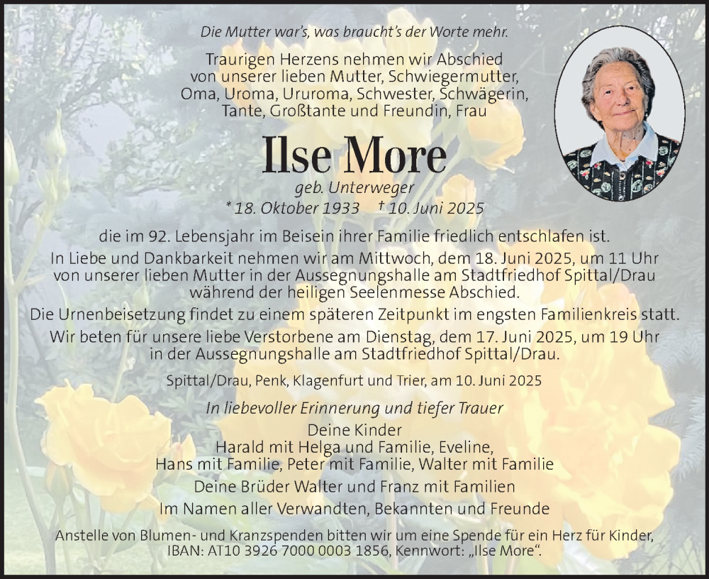  Traueranzeige für Ilse More vom 14.06.2025 aus Kleine Zeitung