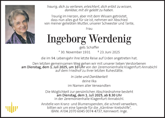 Traueranzeige von Ingeborg Werdenig von Kleine Zeitung