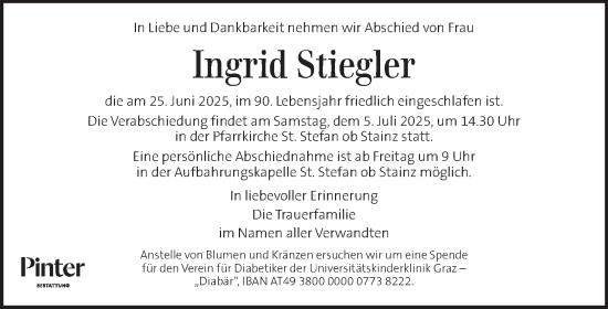 Traueranzeige von Ingrid Stiegler von Kleine Zeitung