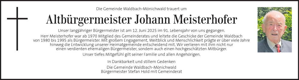  Traueranzeige für Johann Meisterhofer vom 18.06.2025 aus Kleine Zeitung