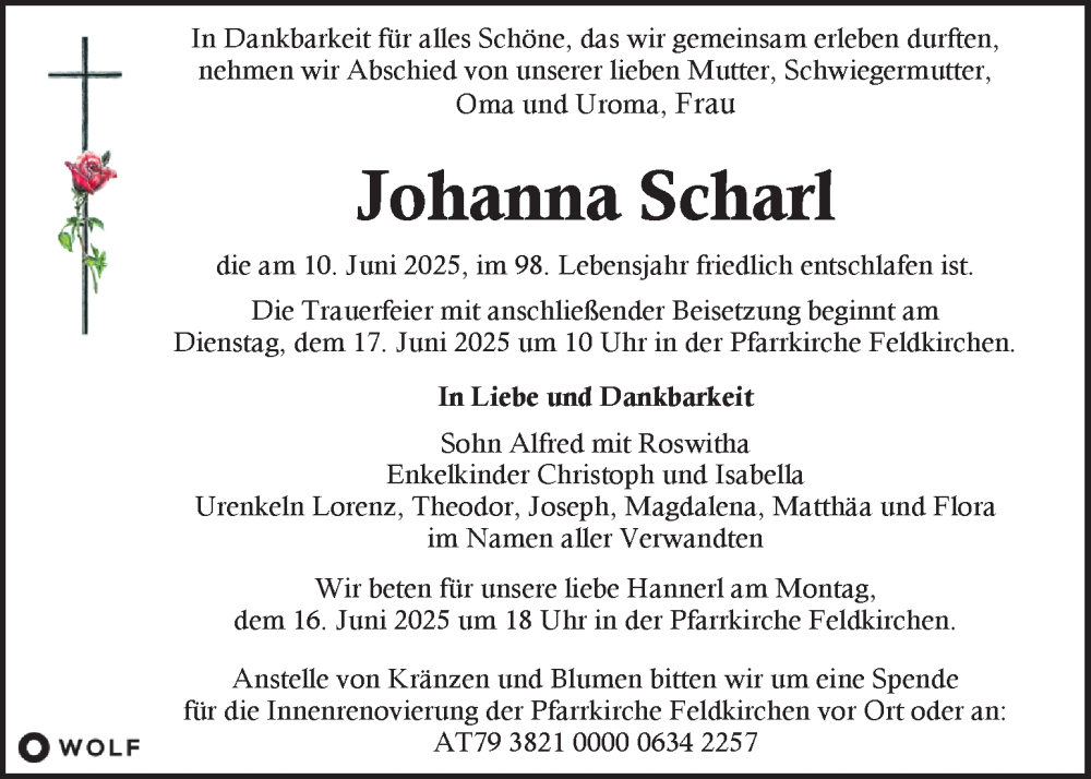  Traueranzeige für Johanna Scharl vom 14.06.2025 aus Kleine Zeitung