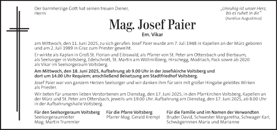 Traueranzeige von Josef Paier von Kleine Zeitung
