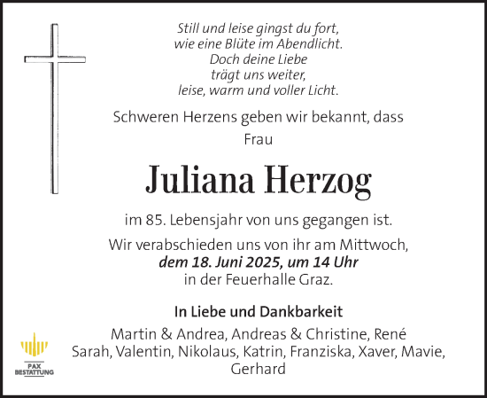 Traueranzeige von Juliana Herzog von Kleine Zeitung