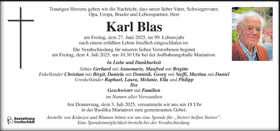 Traueranzeige von Karl Blas von Kleine Zeitung