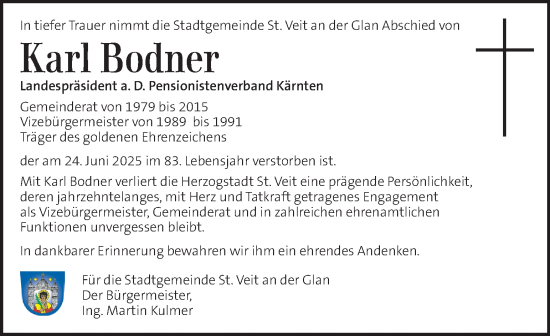 Traueranzeige von Karl Bodner von Kleine Zeitung