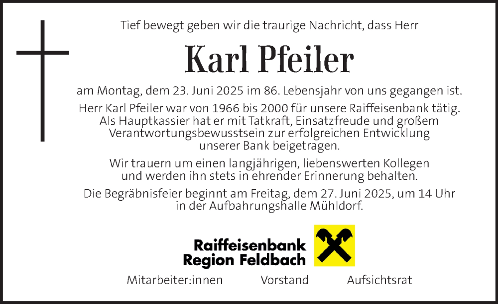  Traueranzeige für Karl Pfeiler vom 27.06.2025 aus Kleine Zeitung