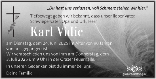 Traueranzeige von Karl Vidic von Kleine Zeitung
