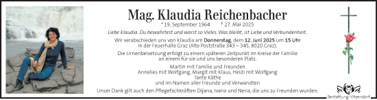 Traueranzeige von Klaudia Reichenbacher von Kleine Zeitung
