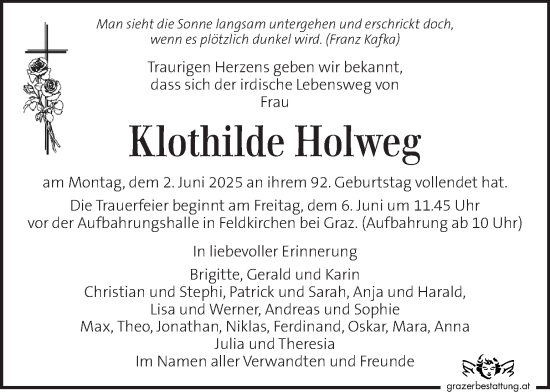 Traueranzeige von Klothilde Holweg von Kleine Zeitung