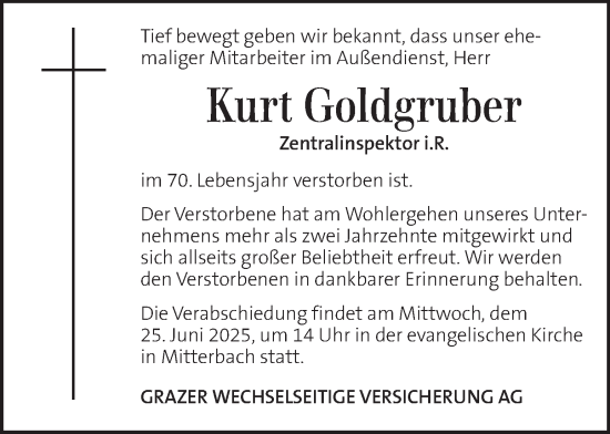 Traueranzeige von Kurt Goldgruber von Kleine Zeitung