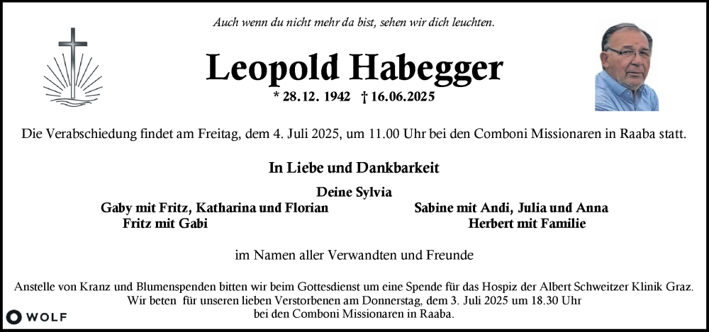  Traueranzeige für Leopold Habegger vom 29.06.2025 aus Kleine Zeitung