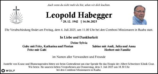 Traueranzeige von Leopold Habegger von Kleine Zeitung