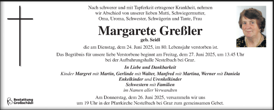 Traueranzeige von Margarete Greßler von Kleine Zeitung