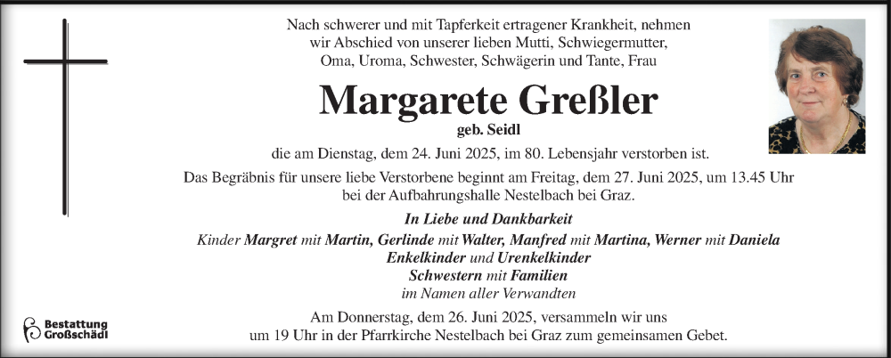  Traueranzeige für Margarete Greßler vom 26.06.2025 aus Kleine Zeitung