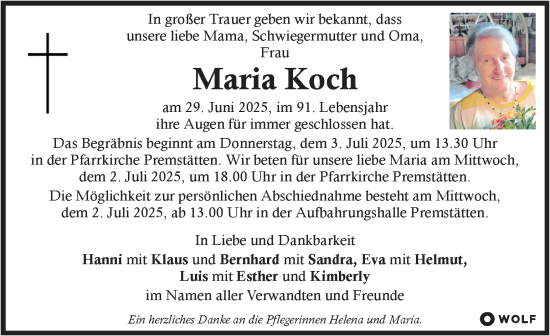 Traueranzeige von Maria Koch von Kleine Zeitung