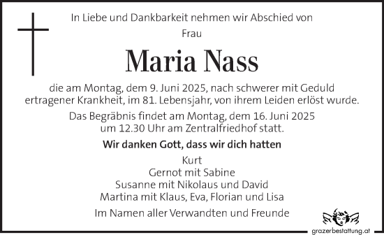 Traueranzeige von Maria Nass von Kleine Zeitung