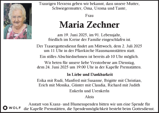 Traueranzeige von Maria Zechner von Kleine Zeitung
