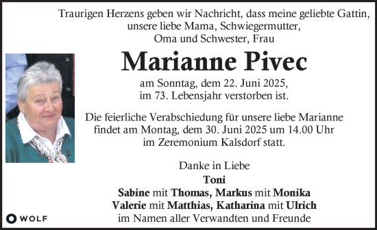 Traueranzeige von Marianne Pivec von Kleine Zeitung