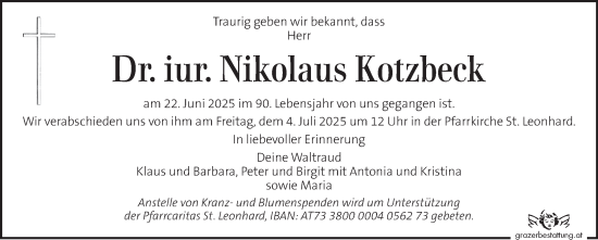 Traueranzeige von Nikolaus Kotzbeck von Kleine Zeitung