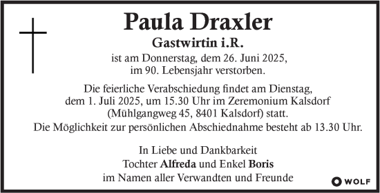 Traueranzeige von Paula Draxler von Kleine Zeitung