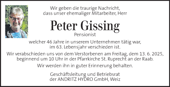 Traueranzeige von Peter Gissing von Kleine Zeitung