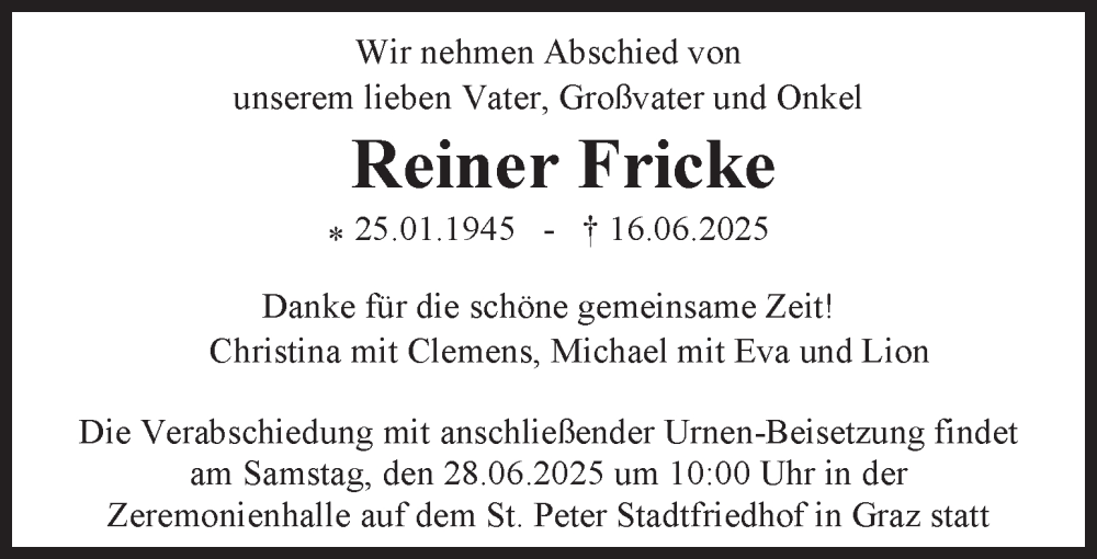  Traueranzeige für Reiner Fricke vom 21.06.2025 aus Kleine Zeitung