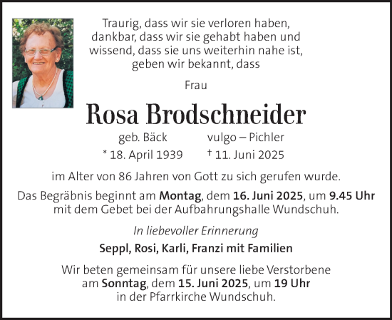 Traueranzeige von Rosa Brodschneider von Kleine Zeitung