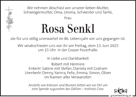 Traueranzeige von Rosa Senkl von Kleine Zeitung