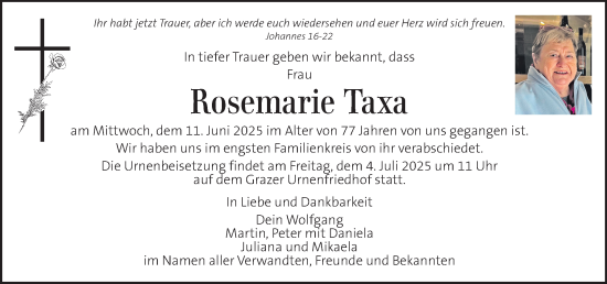 Traueranzeige von Rosemarie Taxa von Kleine Zeitung