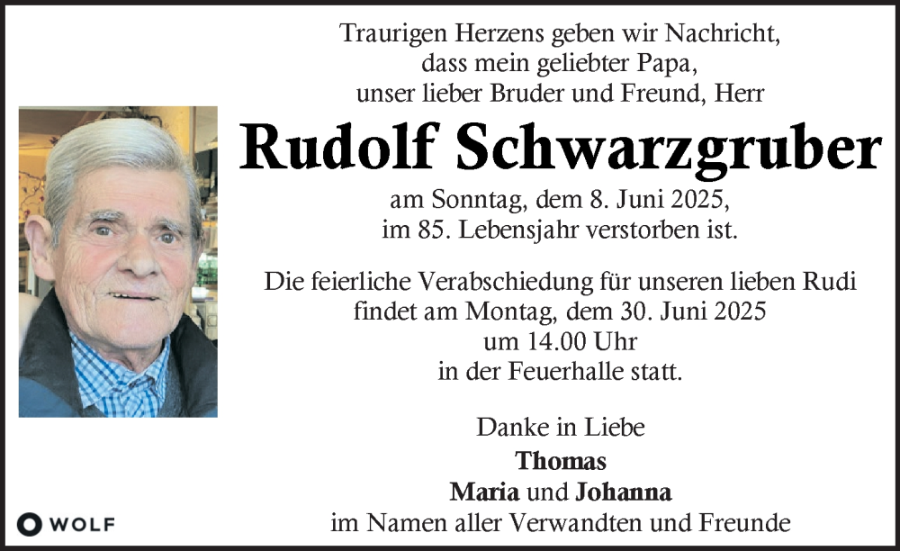  Traueranzeige für Rudolf Schwarzgruber vom 21.06.2025 aus Kleine Zeitung