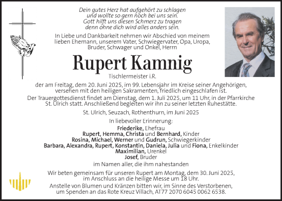 Traueranzeige von Rupert Kamnig von Kleine Zeitung