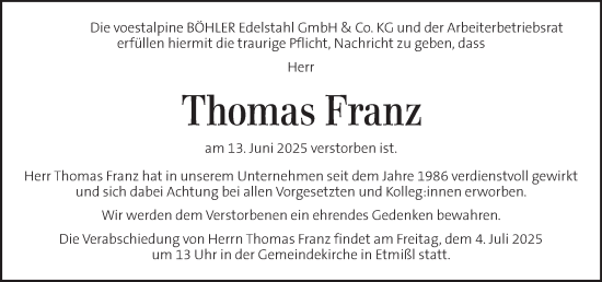 Traueranzeige von Thomas Franz von Kleine Zeitung