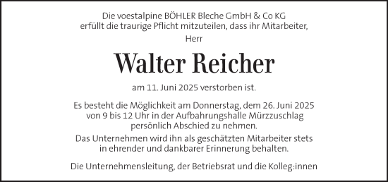 Traueranzeige von Walter Reicher von Kleine Zeitung