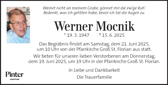 Traueranzeige von Werner Mocnik von Kleine Zeitung