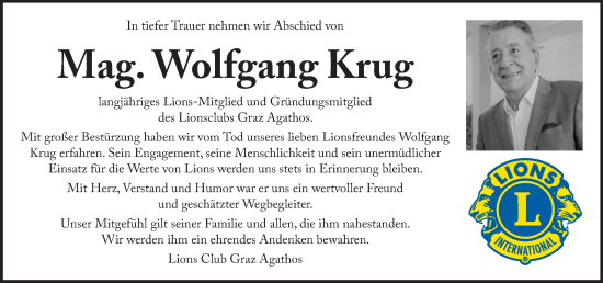 Traueranzeige von Wolfgang Krug von Kleine Zeitung