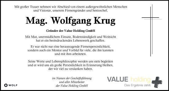Traueranzeige von Wolfgang Krug von Kleine Zeitung
