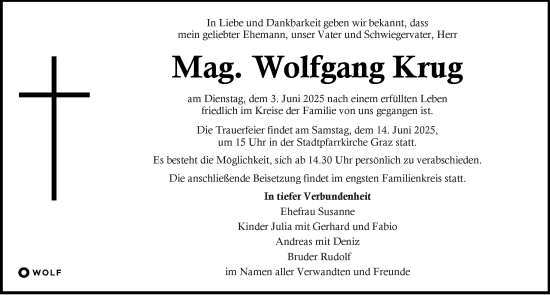Traueranzeige von Wolfgang Krug von Kleine Zeitung