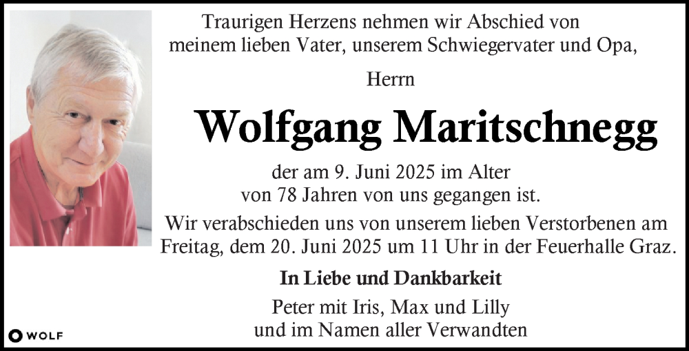  Traueranzeige für Wolfgang Maritschnegg vom 15.06.2025 aus Kleine Zeitung