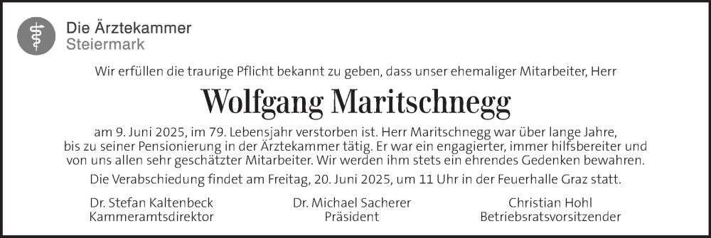  Traueranzeige für Wolfgang Maritschnegg vom 17.06.2025 aus Kleine Zeitung