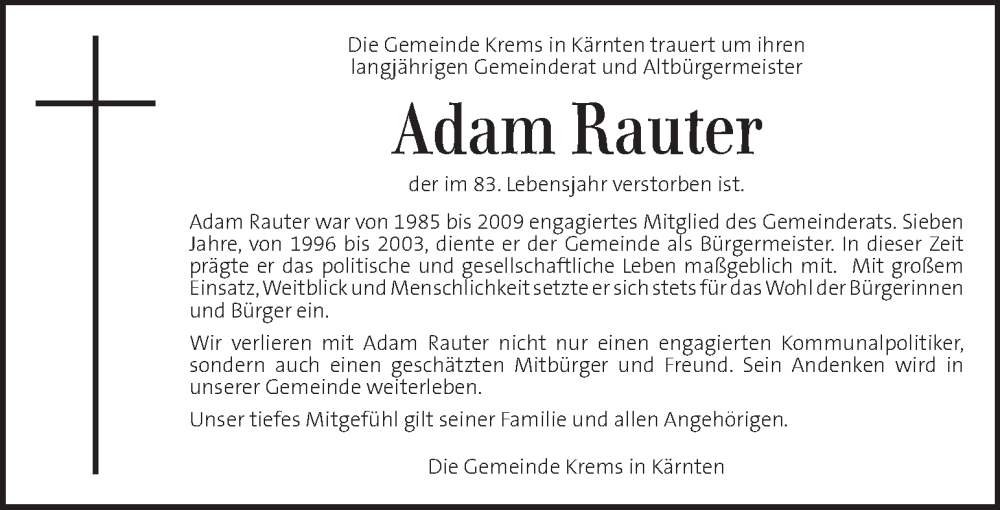  Traueranzeige für Adam Rauter vom 02.07.2025 aus Kleine Zeitung
