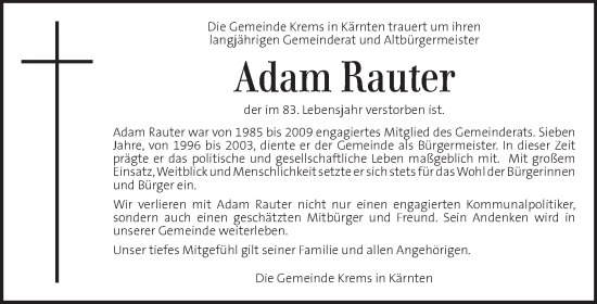 Traueranzeige von Adam Rauter von Kleine Zeitung