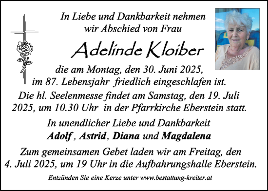 Traueranzeige von Adelinde Kloiber von Kleine Zeitung