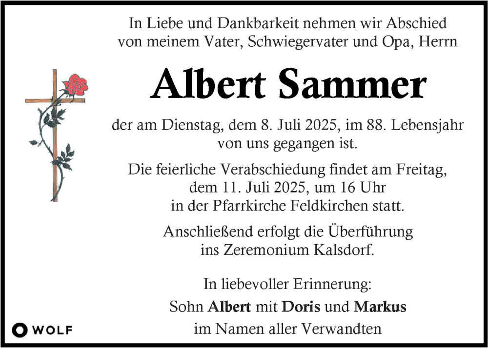  Traueranzeige für Albert Sammer vom 09.07.2025 aus Kleine Zeitung