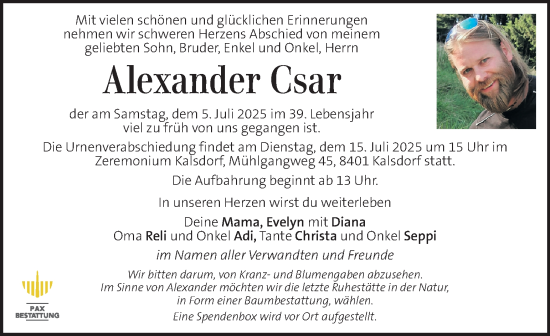 Traueranzeige von Alexander Csar von Kleine Zeitung